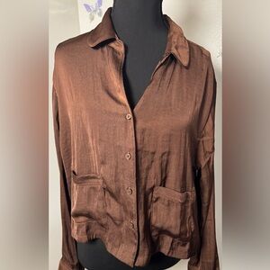 aerie Button-Front Satin Blouse in Cocoa Brown
small women’s